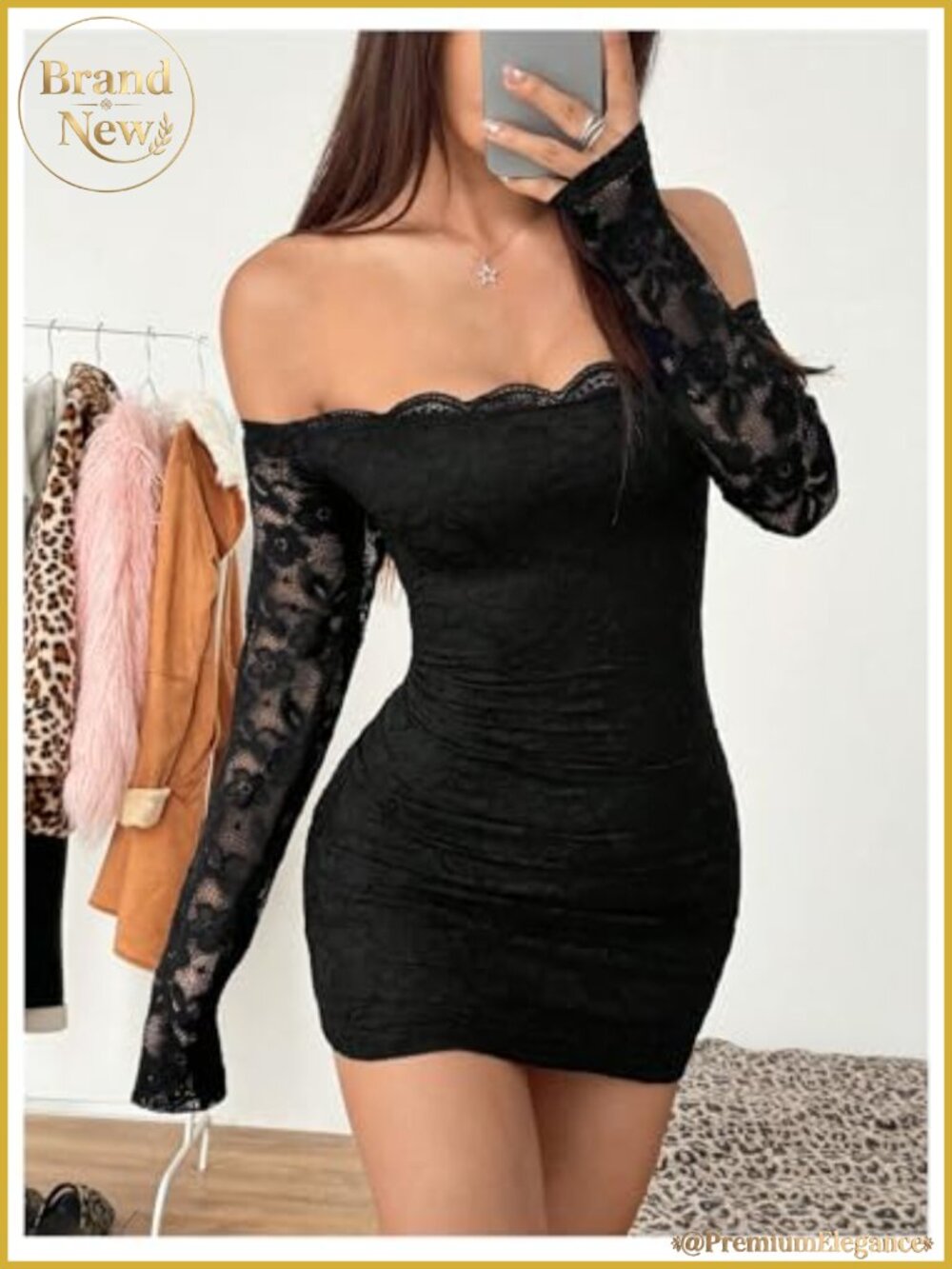 Lace Long Sleeve Mini Dress Off Shoulder Slim Fit Women's - Picture 3 of 4